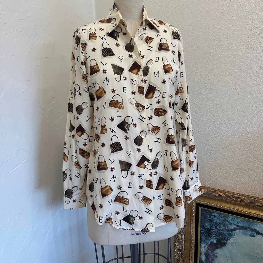 Ishyu Women’s 2 Blouse Silk Button Up Blouse Novelty Handbag Print Cream
